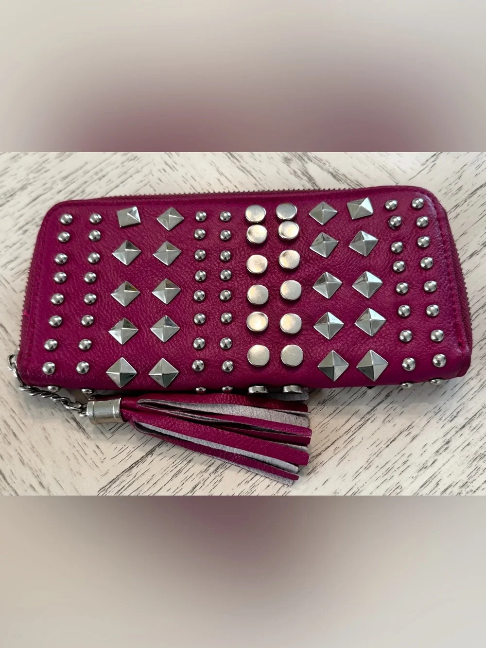 Fuchsia Pink Studded Zip Around Wallet Silver Hardware Tassel Y2K